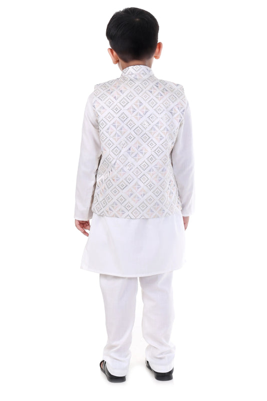 Starlight Ivory Embroidered Kurta Koty Set for Boys