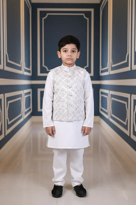 Starlight Ivory Embroidered Kurta Koty Set for Boys