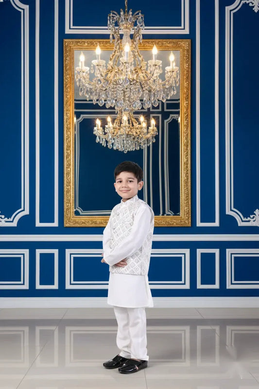 Starlight Ivory Embroidered Kurta Koty Set for Boys