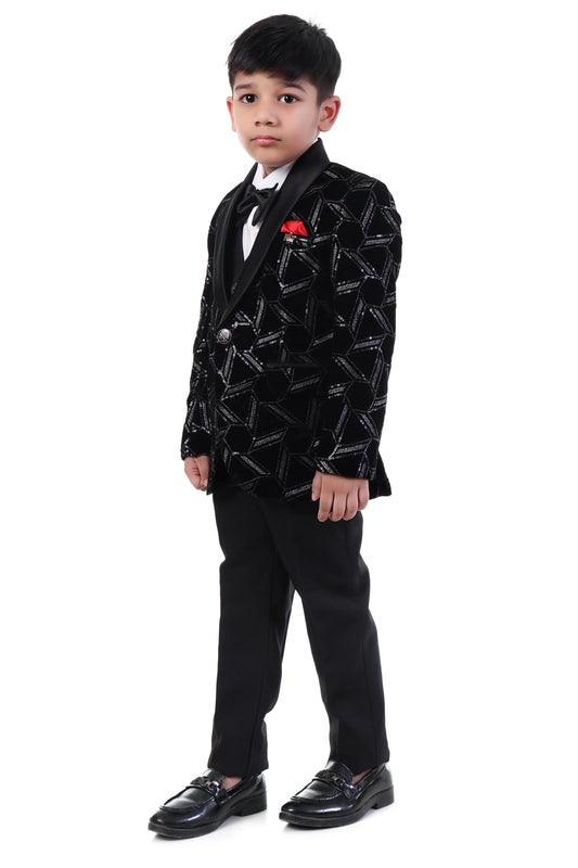 Luxe Black Velvet Embroidered Tuxedo Suit for Boys