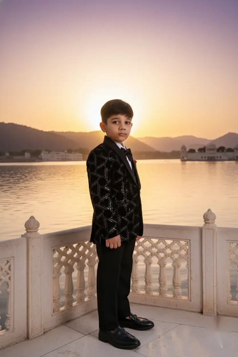 Luxe Black Velvet Embroidered Tuxedo Suit for Boys