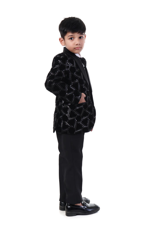 Luxe Black Velvet Embroidered Tuxedo Suit for Boys