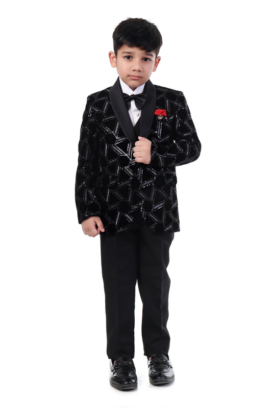 Luxe Black Velvet Embroidered Tuxedo Suit for Boys
