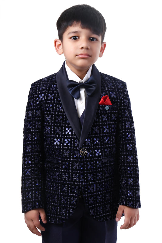 Navy Blue Velvet Embroidered Tuxedo Suit for Boys