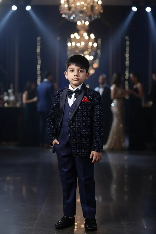 Navy Blue Velvet Embroidered Tuxedo Suit for Boys
