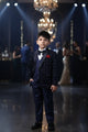 Navy Blue Velvet Embroidered Tuxedo Suit for Boys
