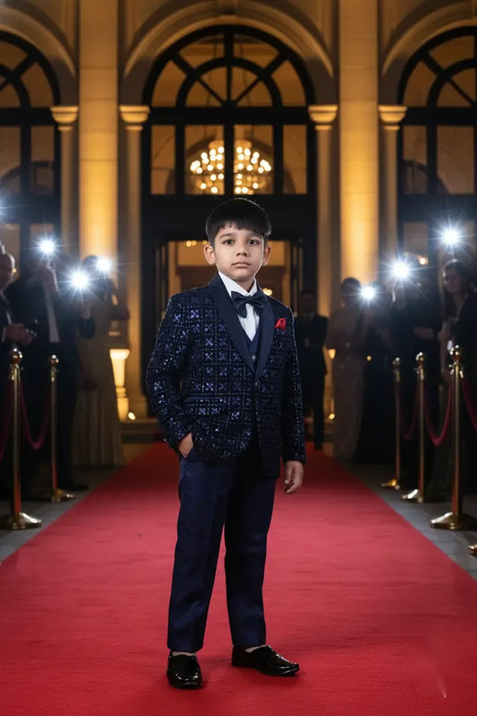 Navy Blue Velvet Embroidered Tuxedo Suit for Boys