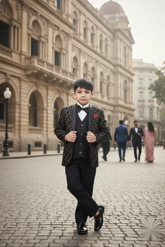 Royal Black & Gold Embroidered Tuxedo Suit for Boys