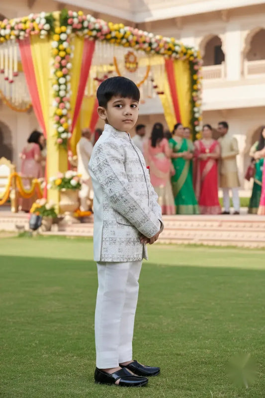 White Blossom Embroidered Jodhpuri Suit for Boys