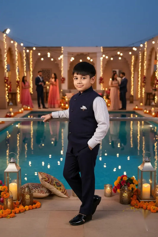 Midnight Majesty 3-Piece Nehru Jacket Suit for Boys