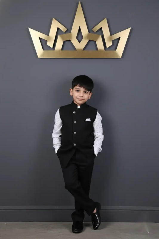 Jet Black 3-Piece Asymmetric Jacket Suit for Boys