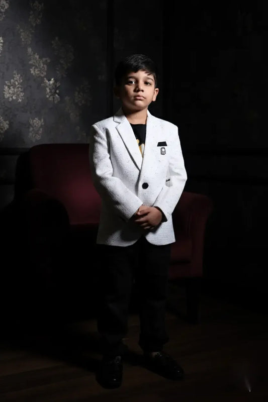 White Speckled Embroidered Party Blazer for Boys