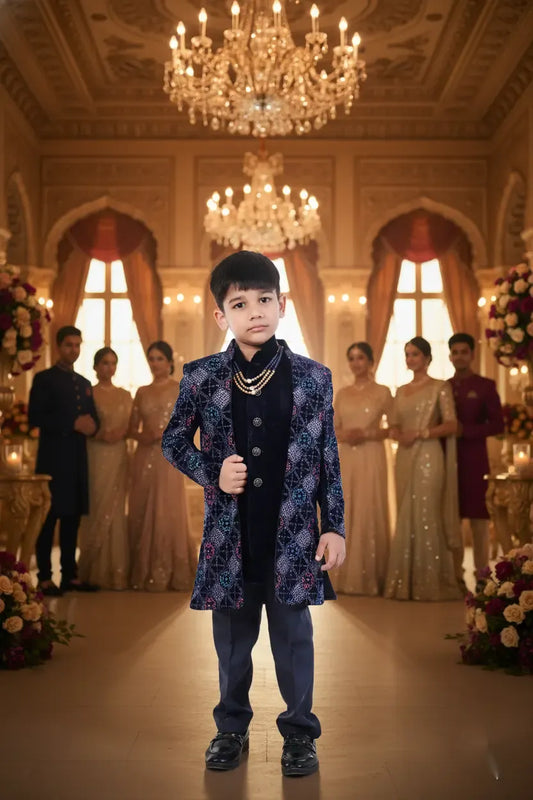Royal Navy Bloom Embroidered Indo-Western Outfit for Boys