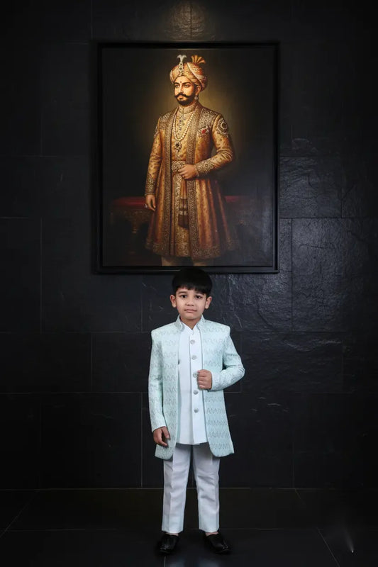 Mint Pearl Prince Embroidered Indo-Western Set for Boys