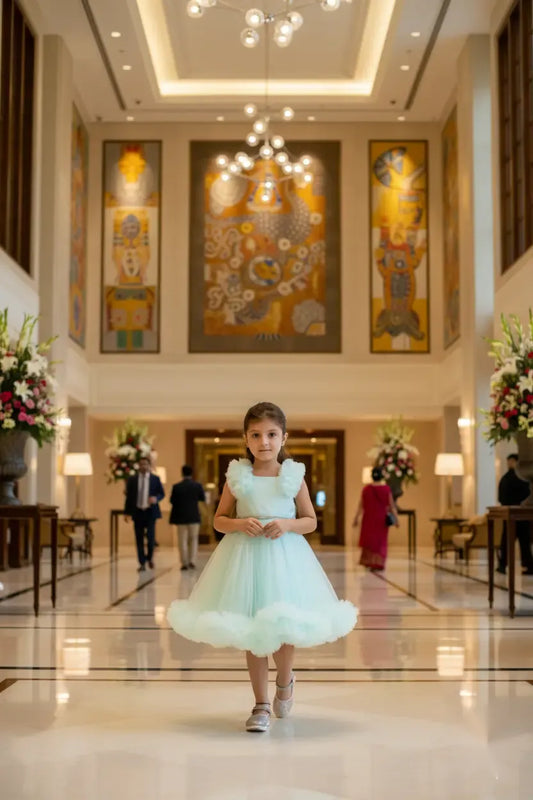 Mint Whirl Net Party Frock with Golden Belt for Girls