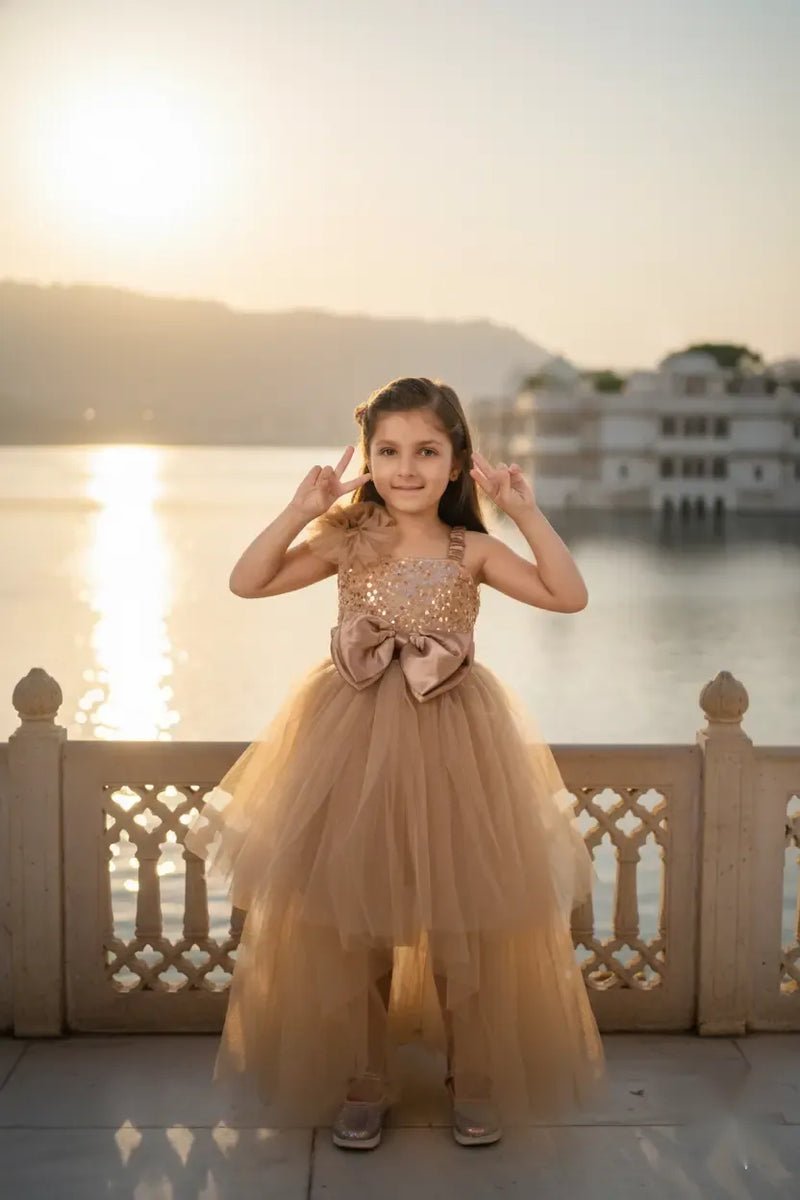 Rose Gold Radiance High-Low Gown for Girls Party Wear Huggle Boo Rose Gold Radiance High-Low Gown for Girls Party Wear Huggle Boo