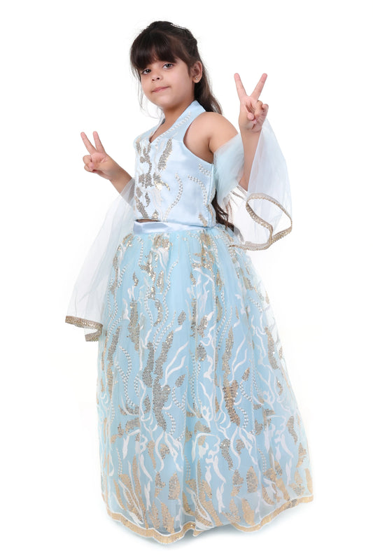 Sky Sparkle Blue Lehenga Choli Set for Girls Wedding Wear