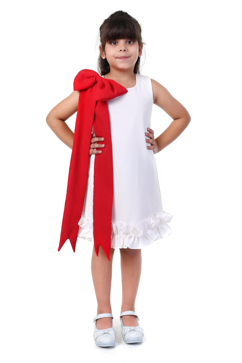 Snowberry Pop White & Red Bow Party Dress for Girls