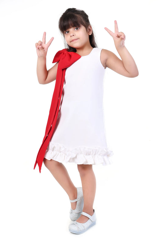 Snowberry Pop White & Red Bow Party Dress for Girls