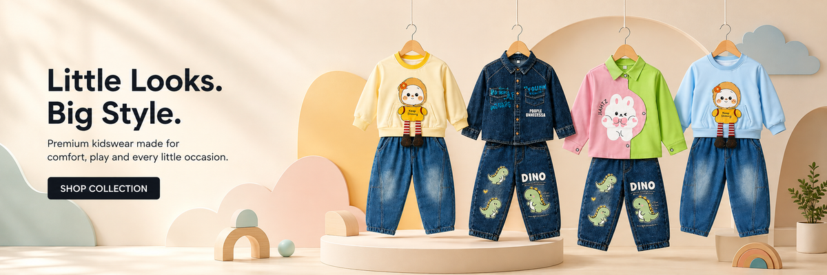 A promotional banner for kids' premium knitwear, showcasing four different two-piece outfits hanging on wooden hangers against a warm beige background with soft geometric shapes. The outfits include a cream shirt with blue jeans, a dark blue denim jacket and jeans, a pink shirt with green jeans, and a light blue shirt with dark blue jeans.
