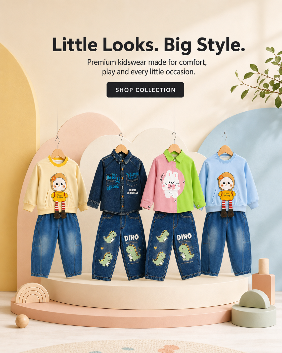 Four children's clothing sets displayed on hangers against a pastel studio backdrop. The sets include a cream sweatshirt with a cartoon character, a dark blue denim jacket and jeans with dinosaur graphics, a pink sweatshirt with a bunny graphic, and a light blue sweatshirt with a cartoon character.